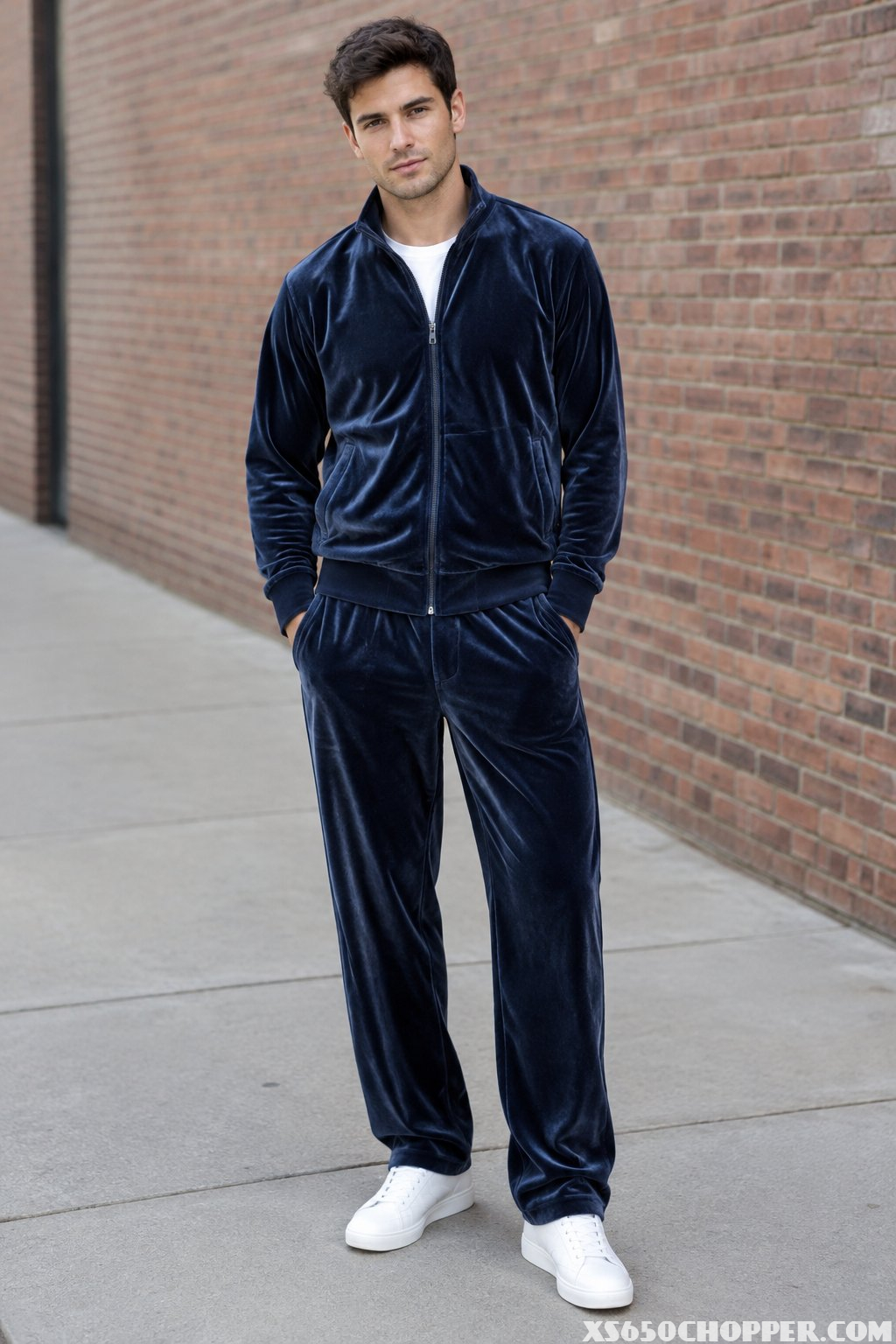 A man in a matching velour tracksuit and white sneakers stands on a sidewalk.