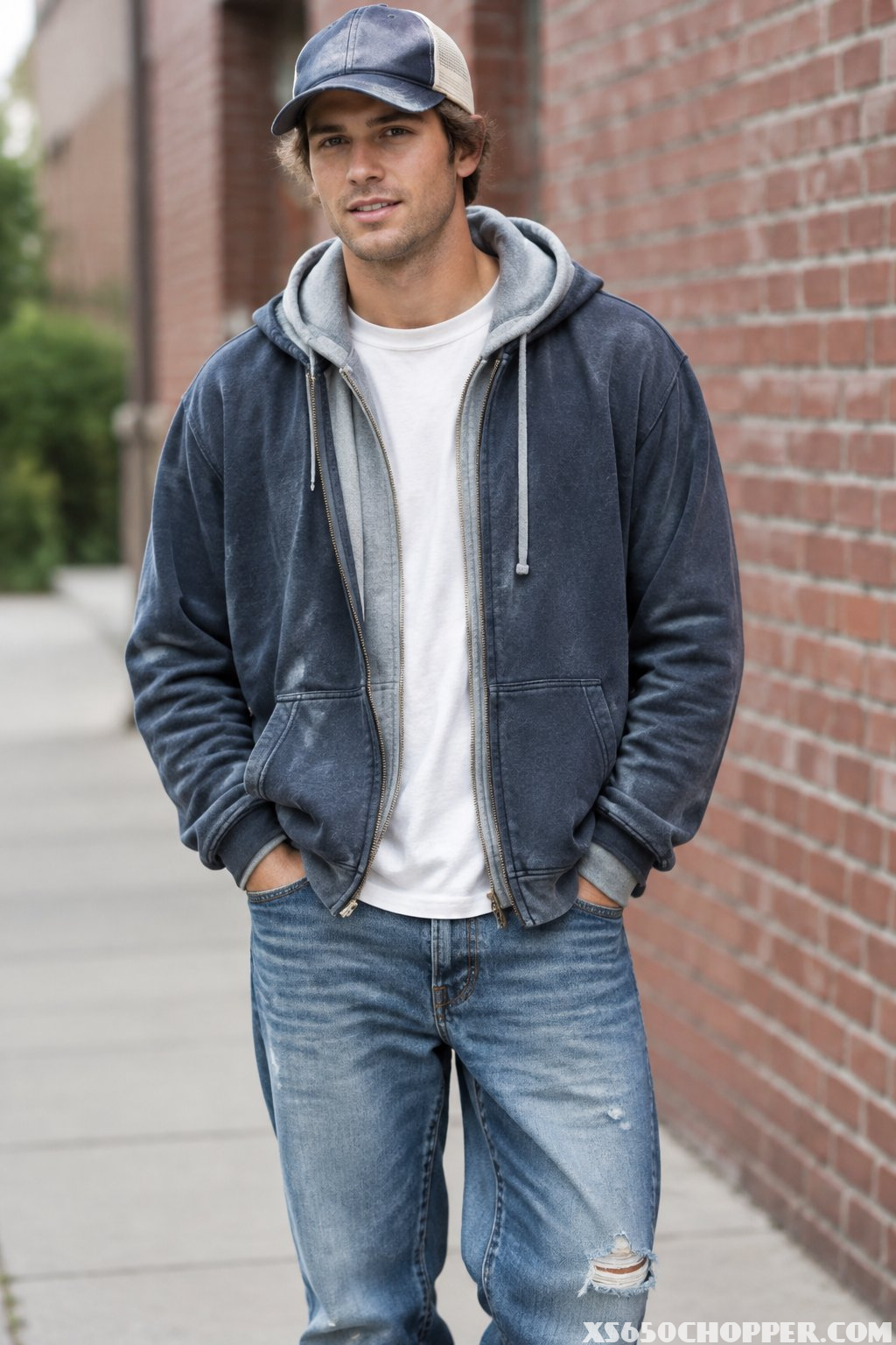 A man wearing distressed jeans, a layered hoodie, and a trucker hat.