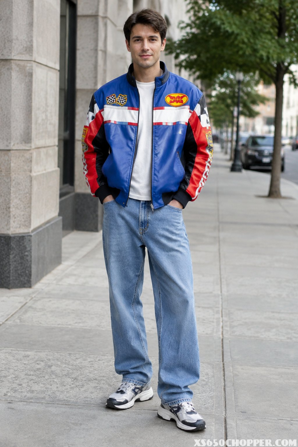 A man wearing a racing jacket, loose jeans, and chunky sneakers stands on a sidewalk.