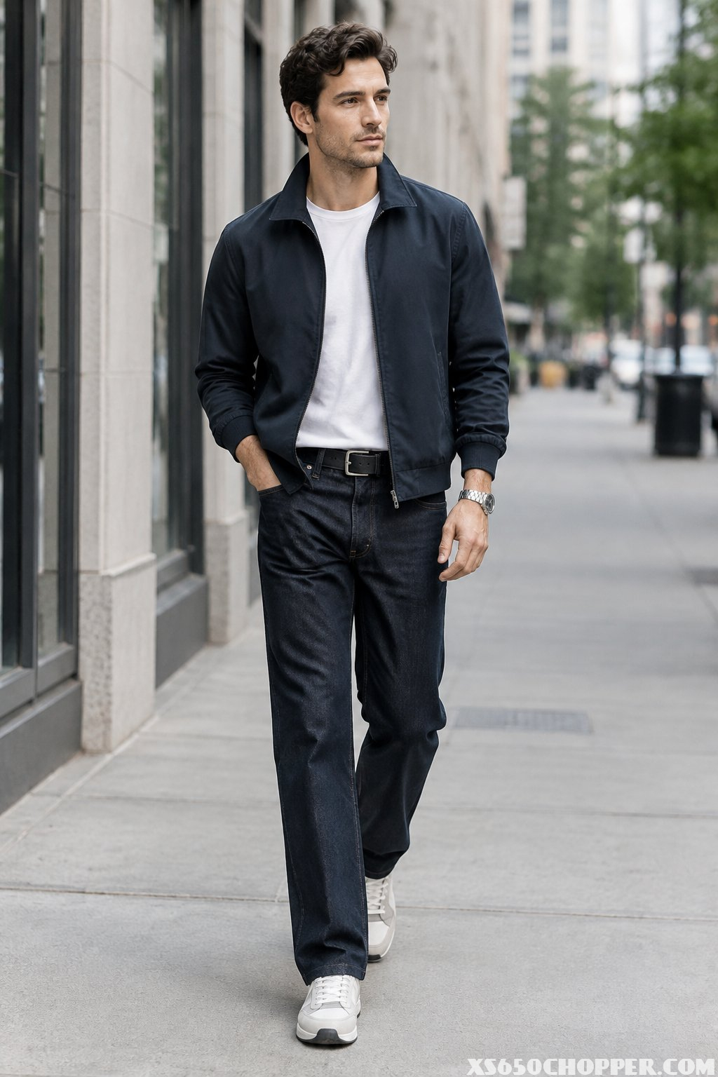 A man walks along a city street wearing a jacket, shirt, jeans, and sneakers.
