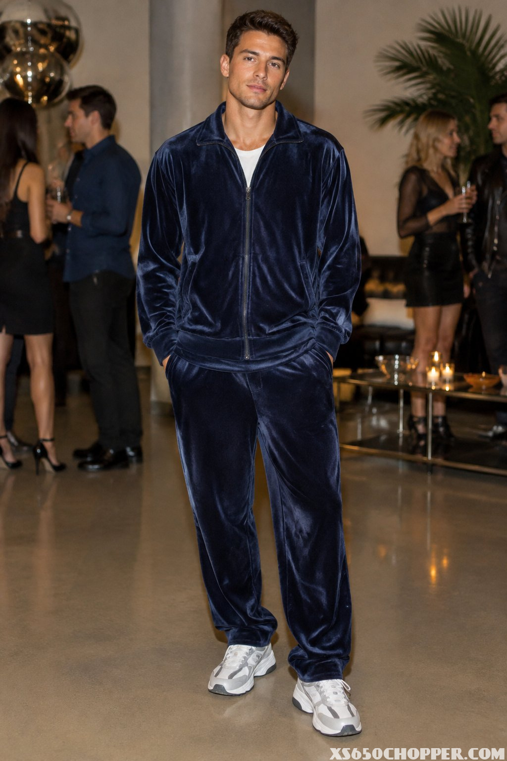A man in a matching velour tracksuit and chunky sneakers stands at a party.