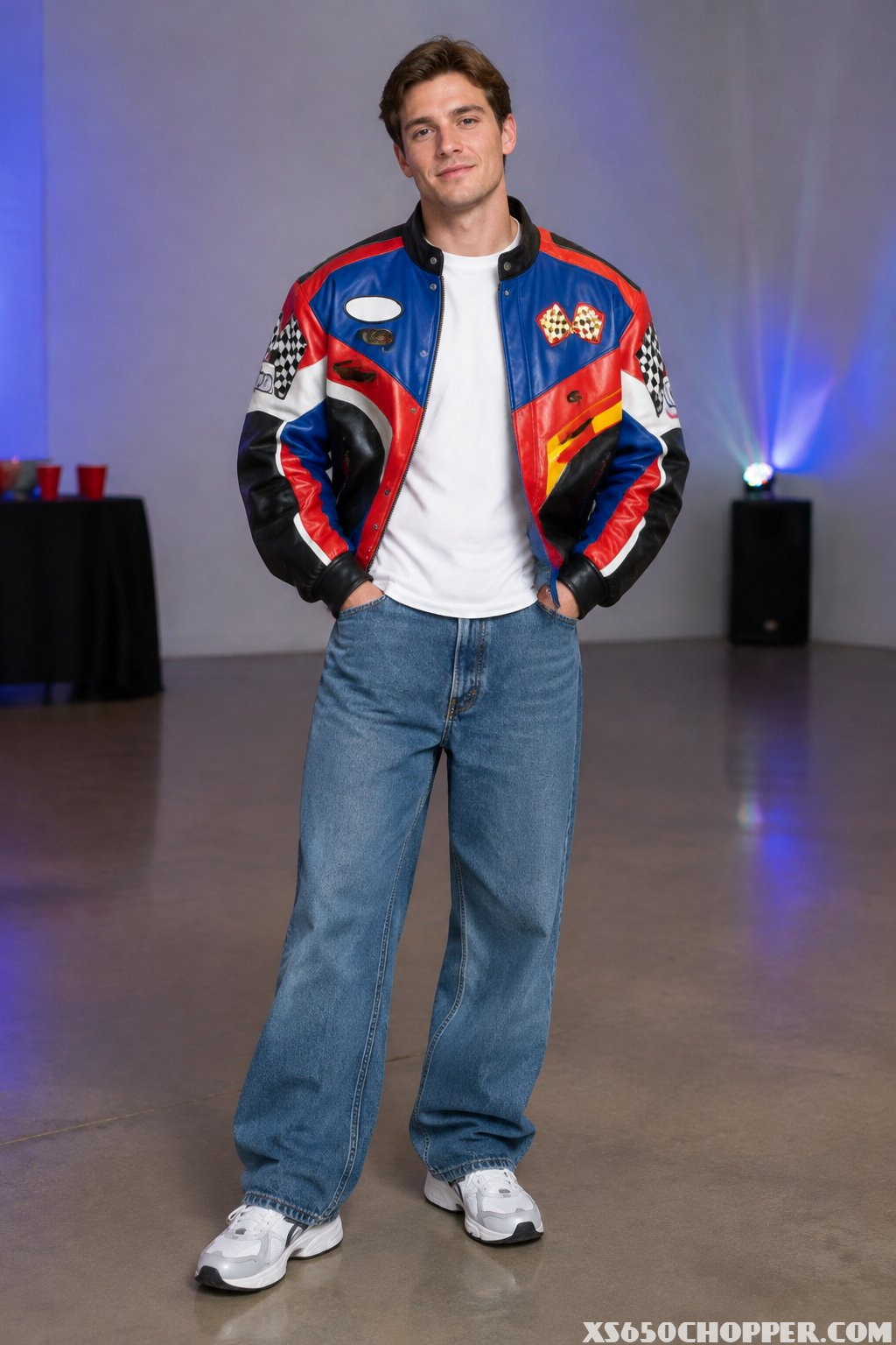 A man wearing a colorful racing jacket, white T-shirt, and loose blue jeans.
