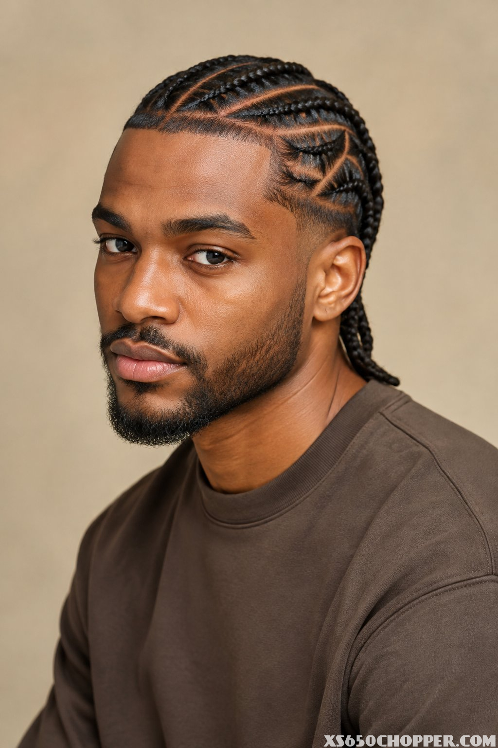 A man with braided hair poses against a plain background.