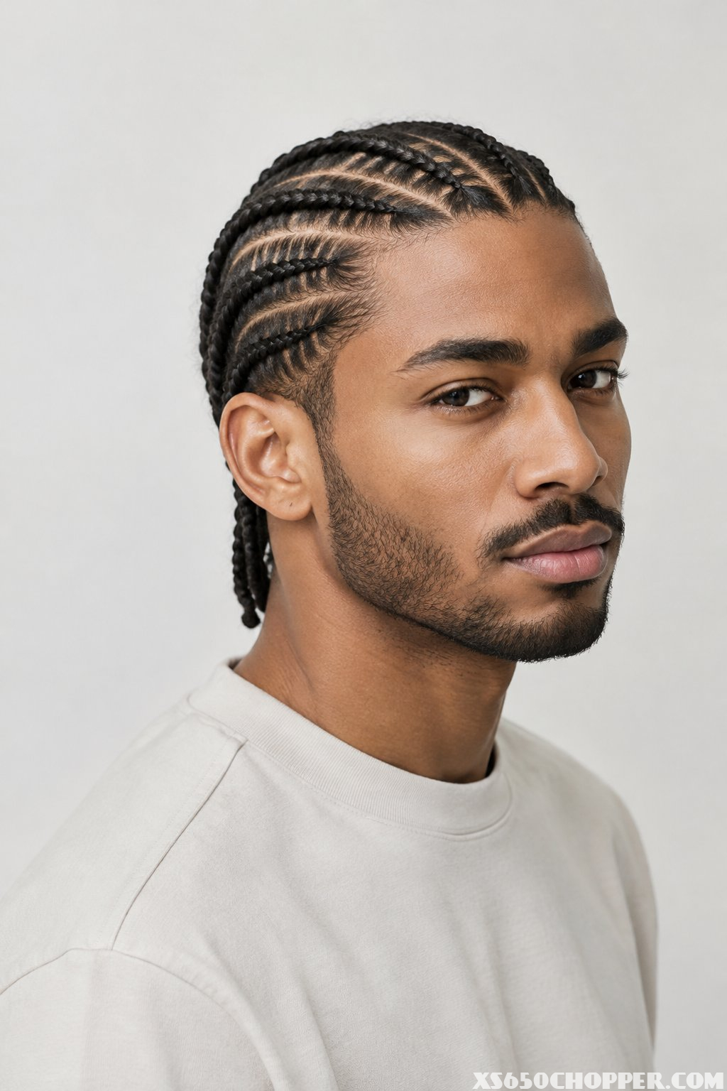 A man with braided hair looks toward the camera.