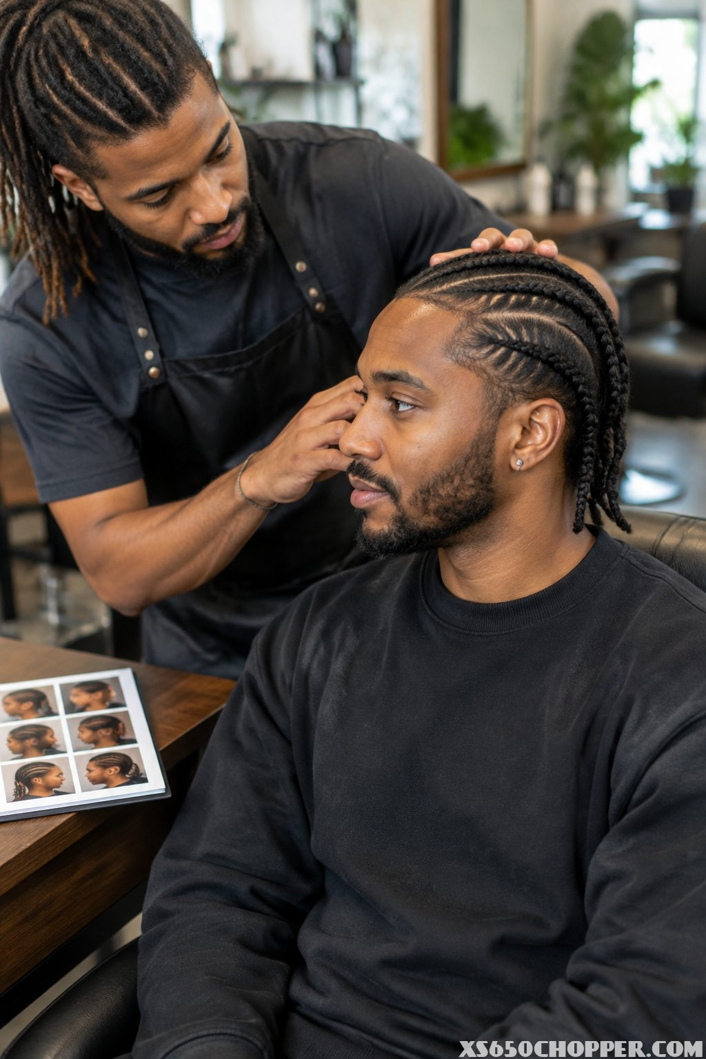 A man discusses his braids with a stylist in a barbershop.