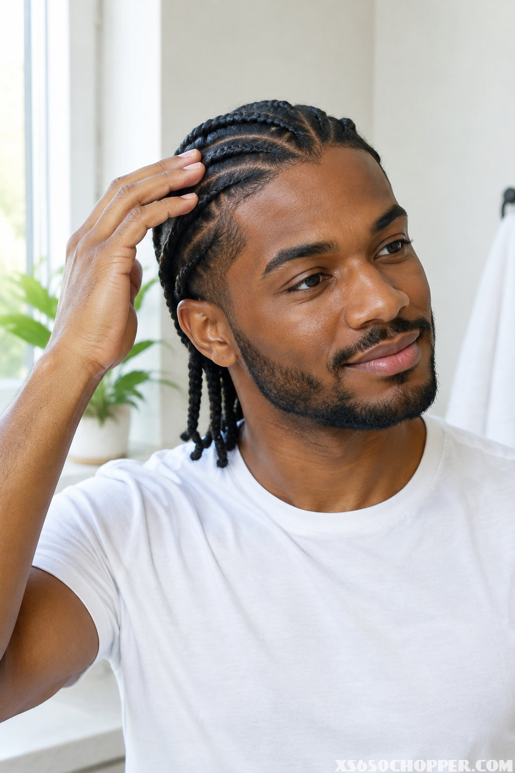 A man gently checks his scalp beneath his braids.