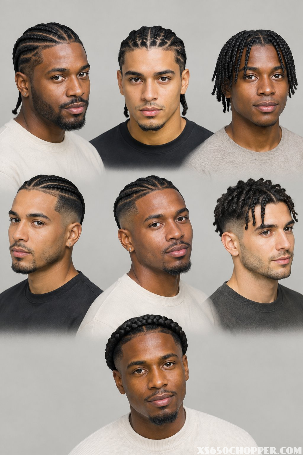 Seven men with short braided hairstyles pose together.
