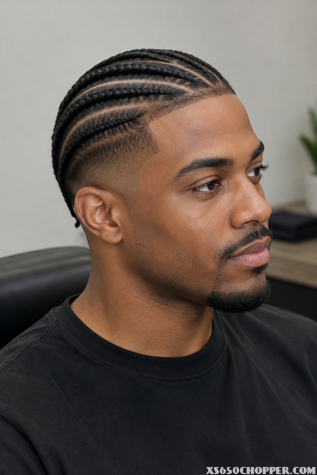 A man sits in a barbershop.