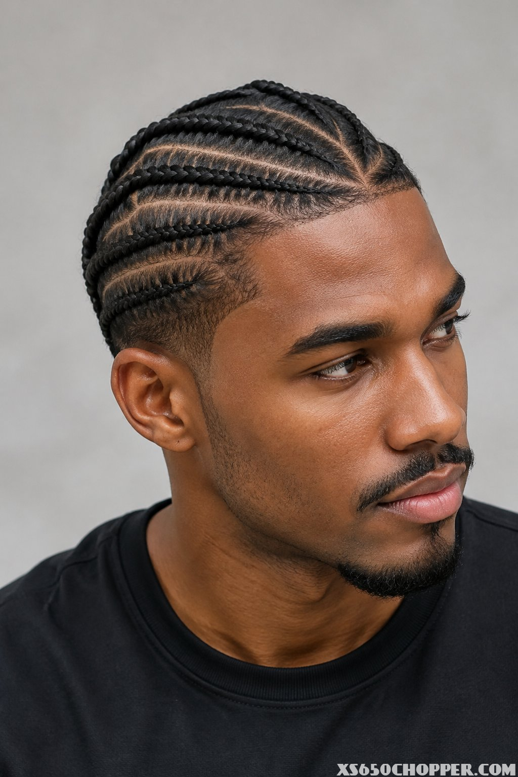 A man with short stitch braids looks toward the camera.