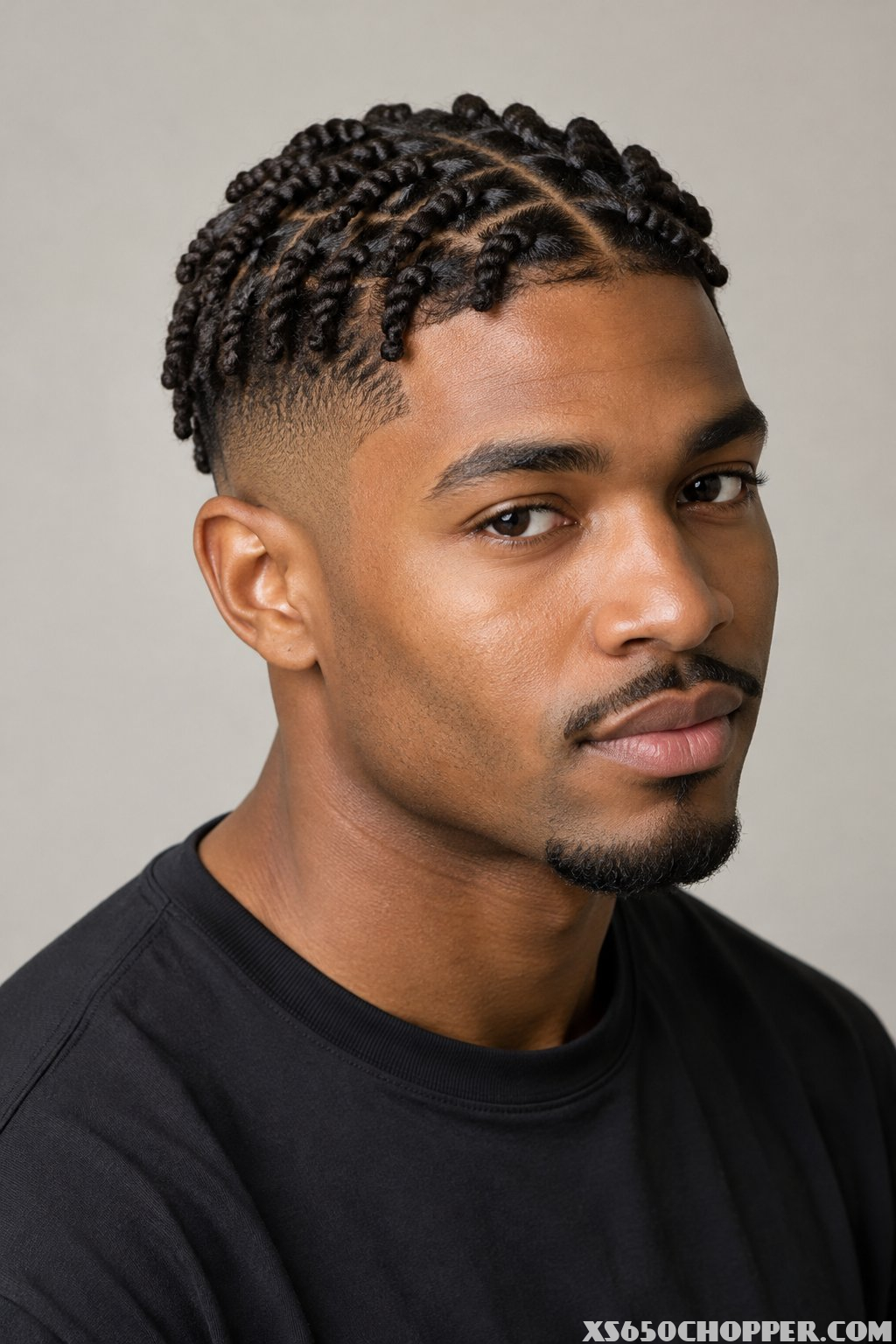 A man with short twisted hair looks toward the camera.