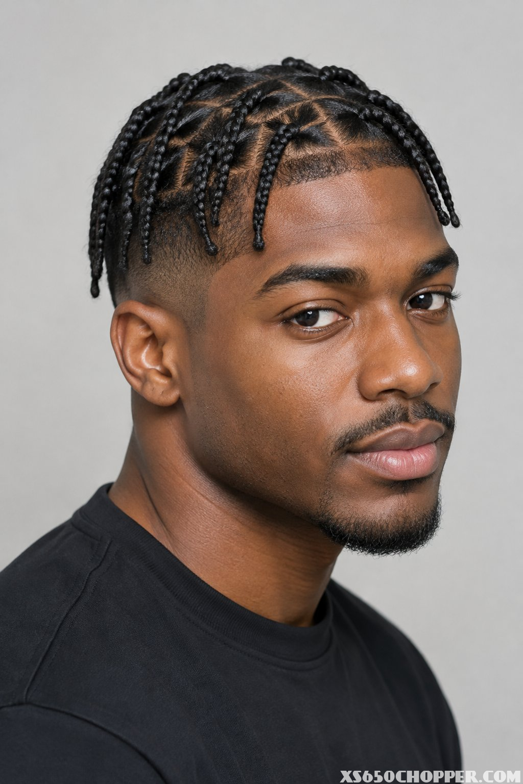 A man with short braids looks toward the camera.