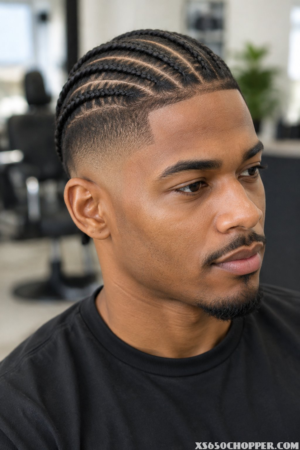 A man sits in a barbershop.