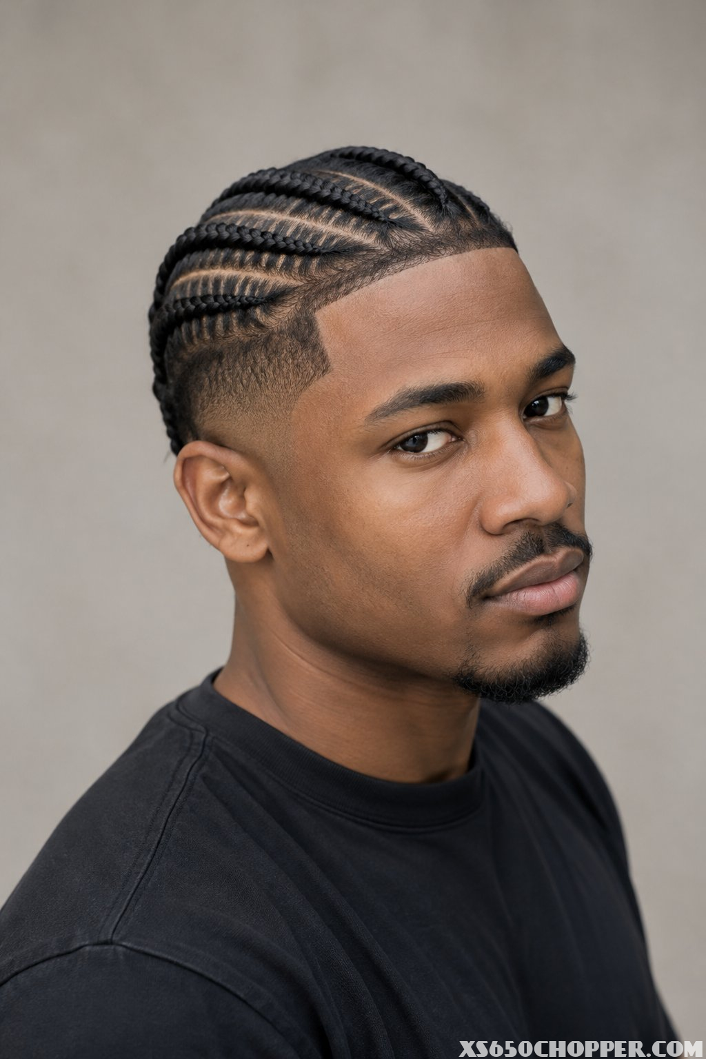 A man with short braids poses for a portrait.