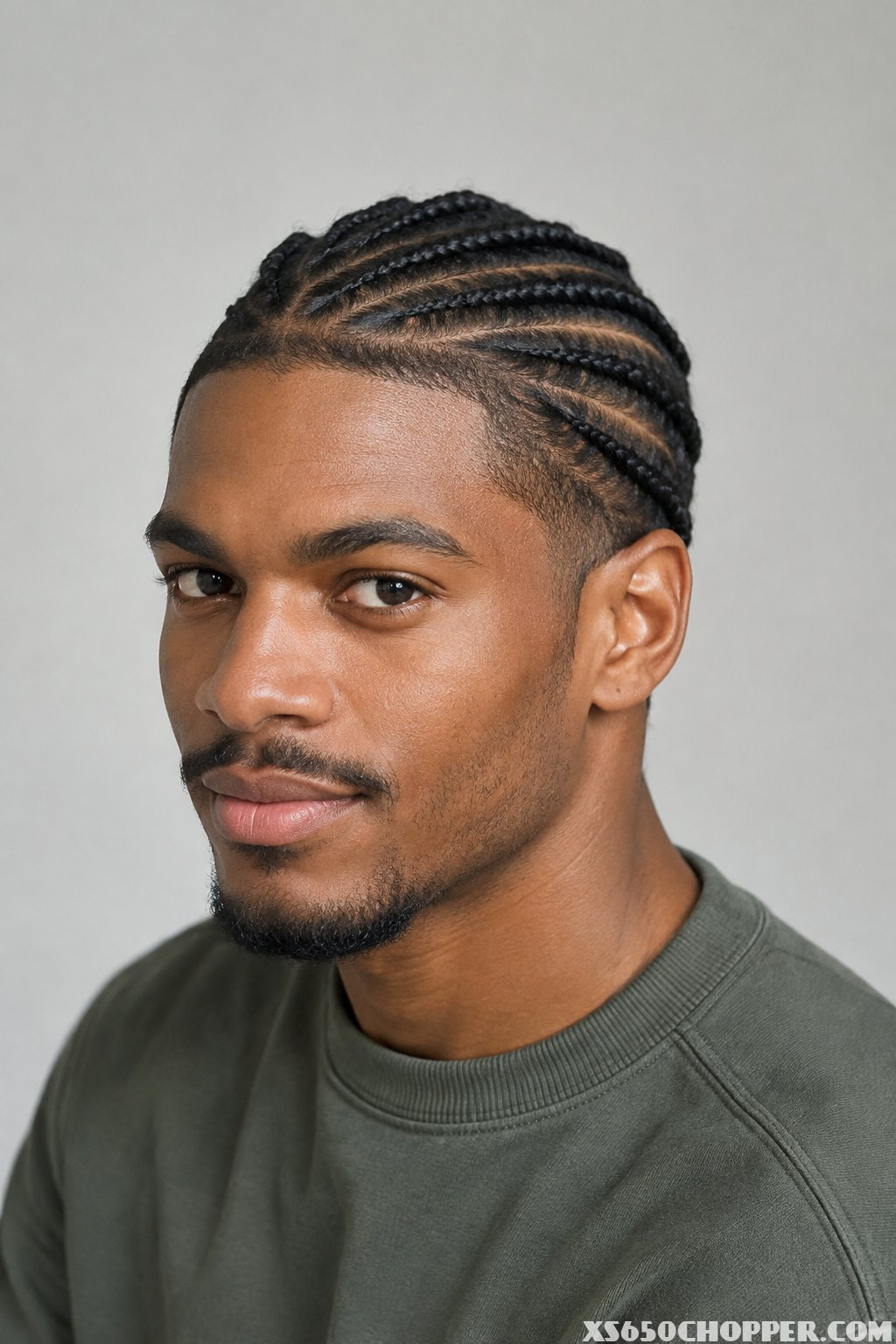 A man with short hair styled in neat braids.