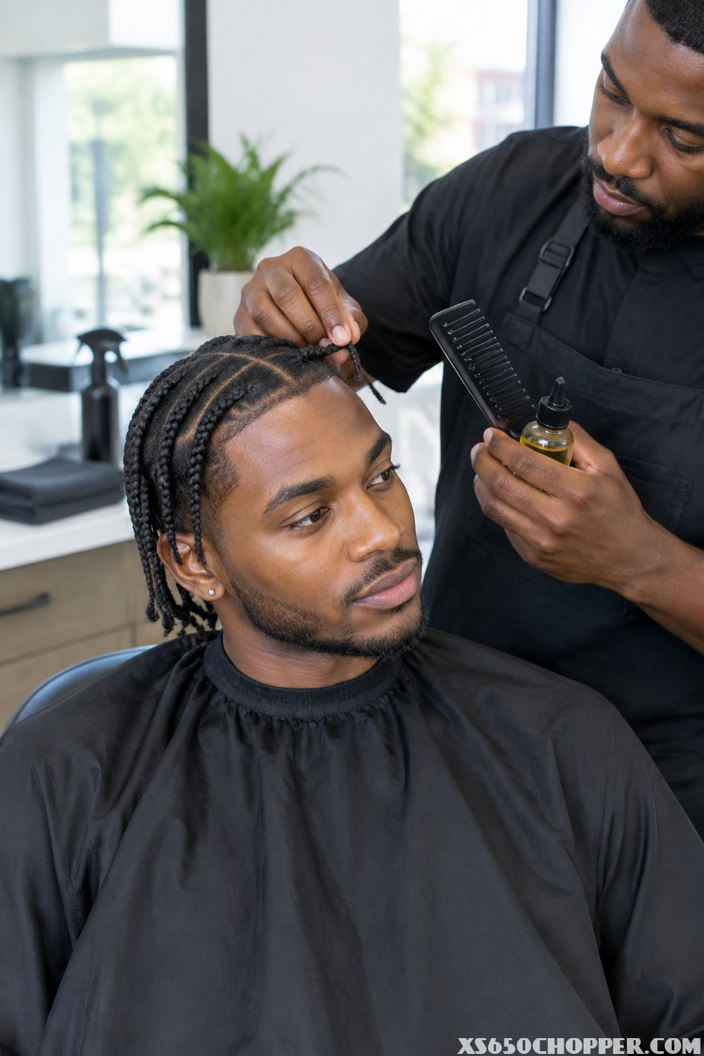 A barber checks a seated man's short braids.
