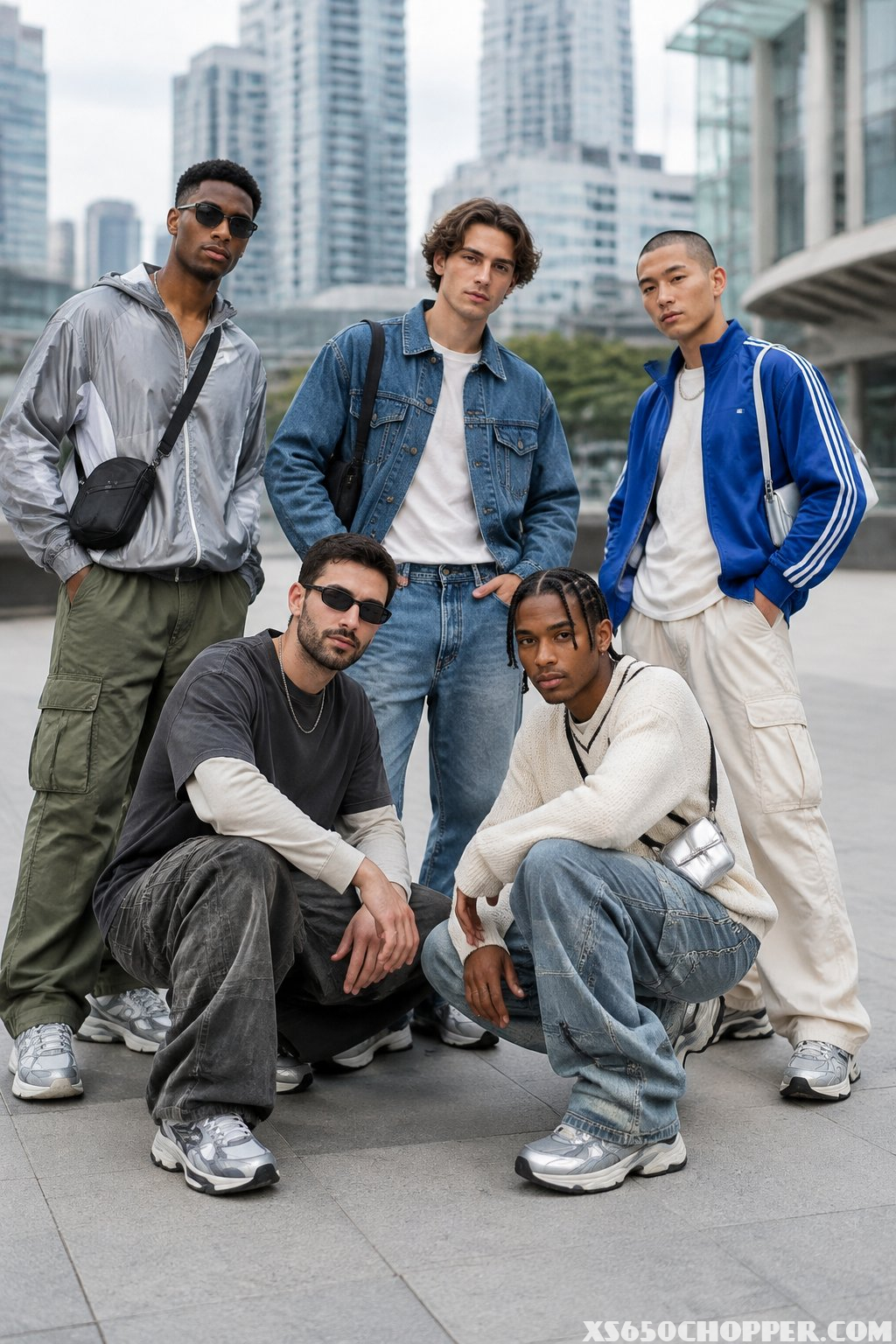 A group of men wearing varied casual outfits stands together in an urban plaza.