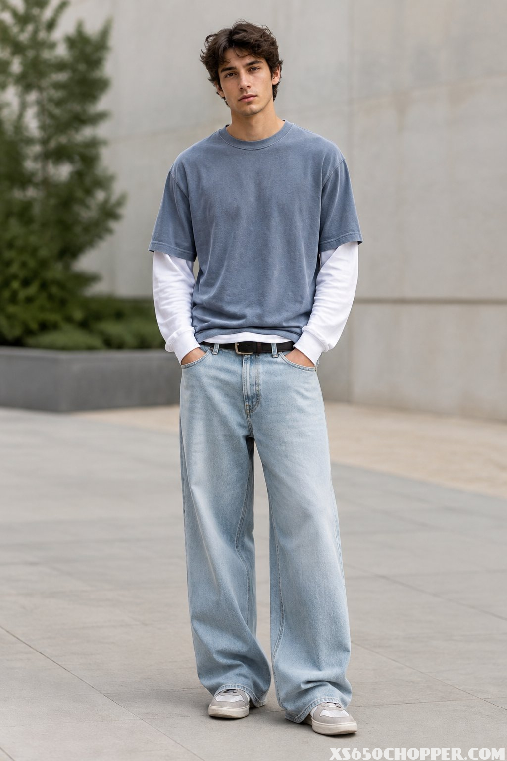 A man stands outdoors wearing wide-leg jeans and a layered long-sleeve shirt.