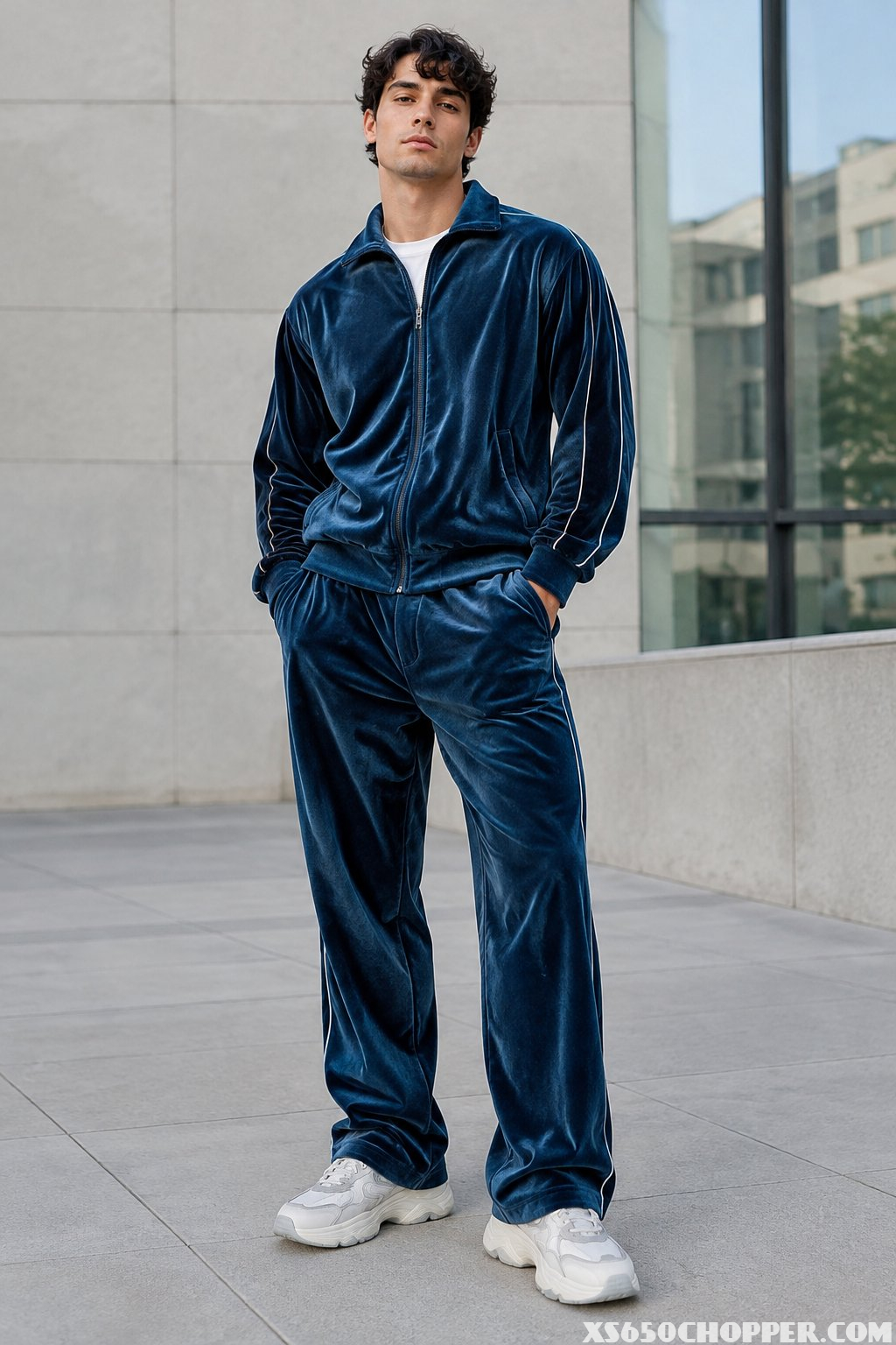 A man wearing a matching tracksuit and chunky sneakers.