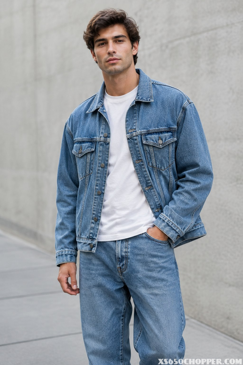 A man stands outdoors wearing a denim jacket and relaxed jeans.