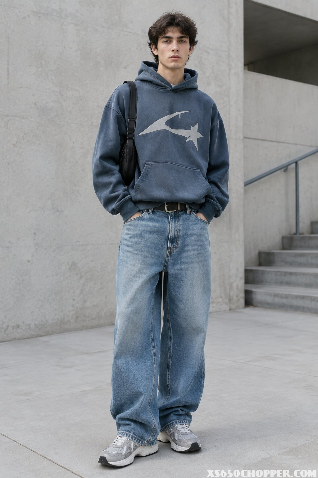 A young man wearing an oversized hoodie, baggy jeans, and sneakers.