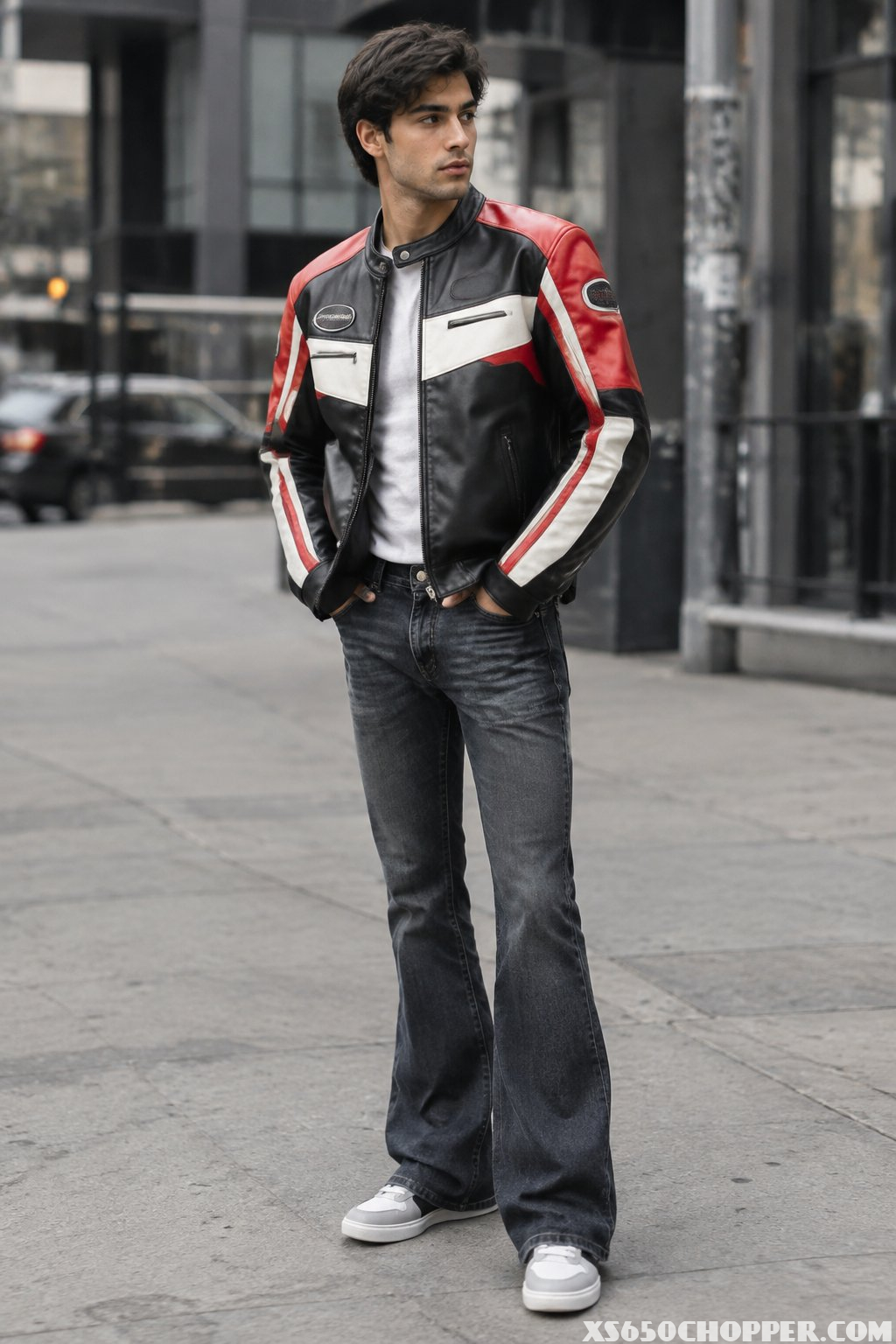 A young man wearing a racing jacket and dark bootcut jeans stands on a city street.