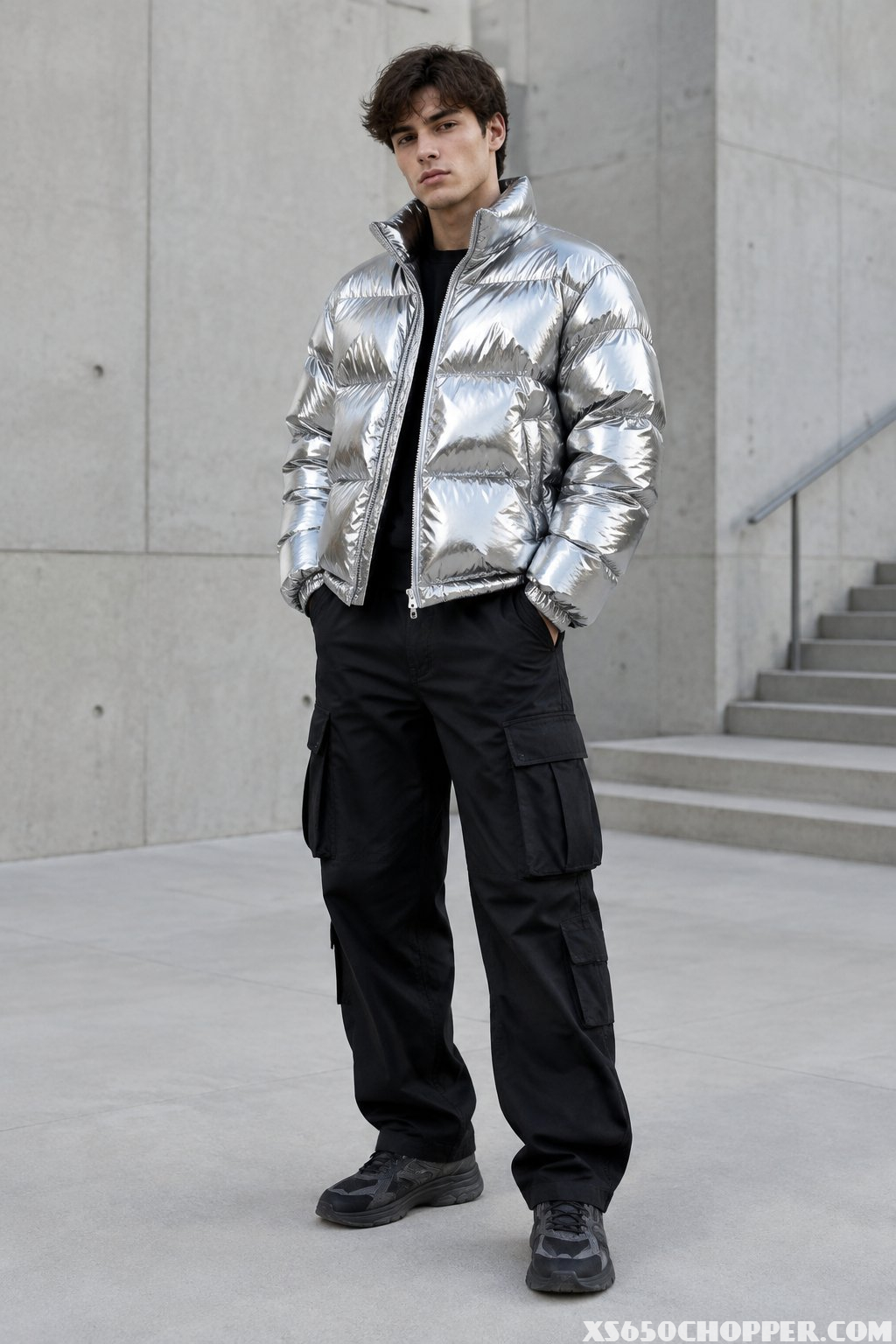 A man wearing a silver jacket and black cargo pants stands outdoors.