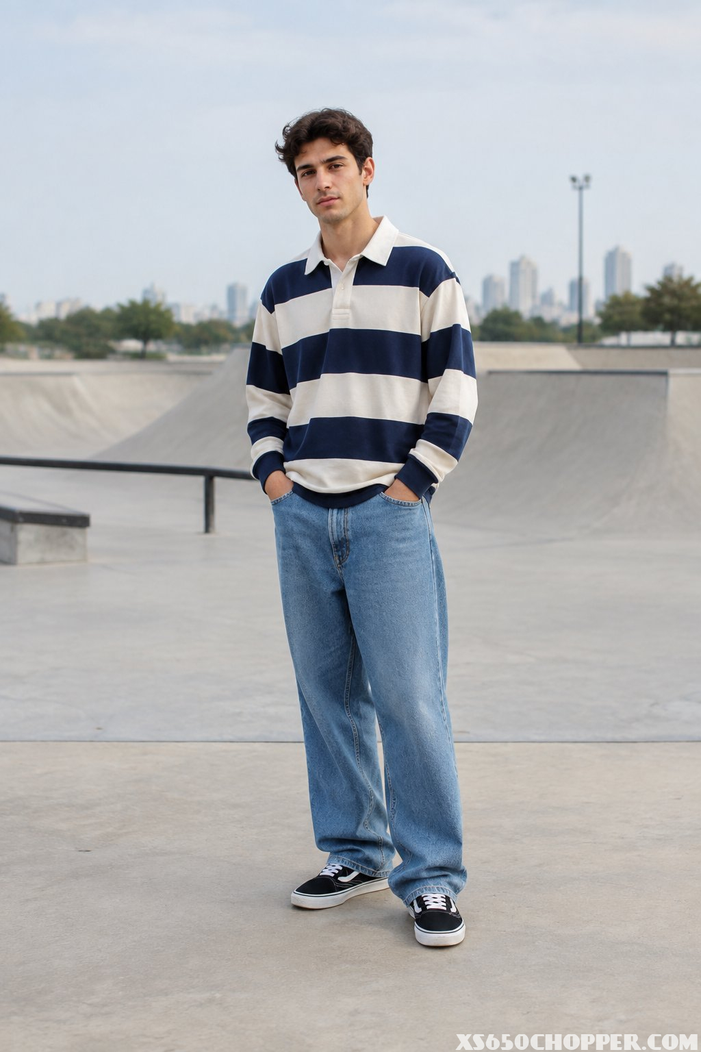 A man in a striped shirt and loose jeans stands at a skatepark.