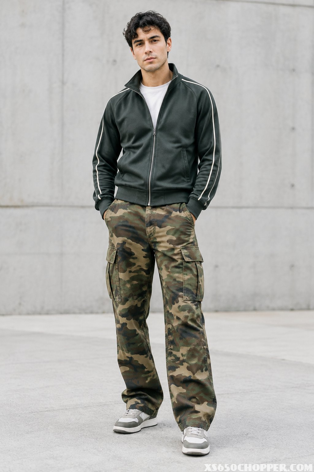 A man stands outdoors wearing camouflage cargo pants and a zip-up jacket.