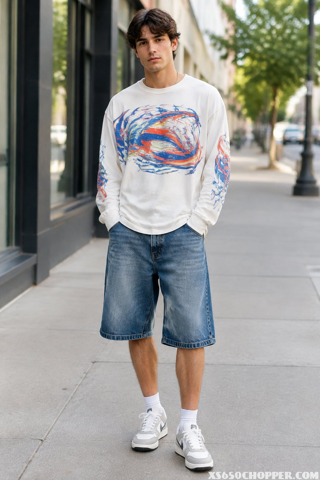 A man wearing a long-sleeve shirt and denim shorts stands on a city sidewalk.