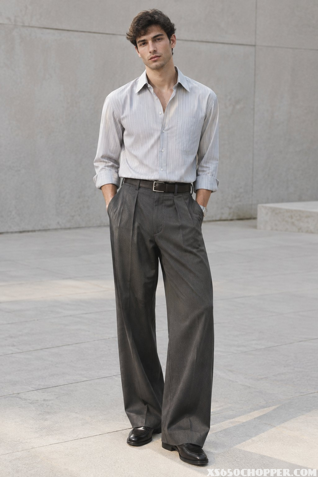 A man wearing a pinstripe shirt and wide-leg trousers stands outdoors.