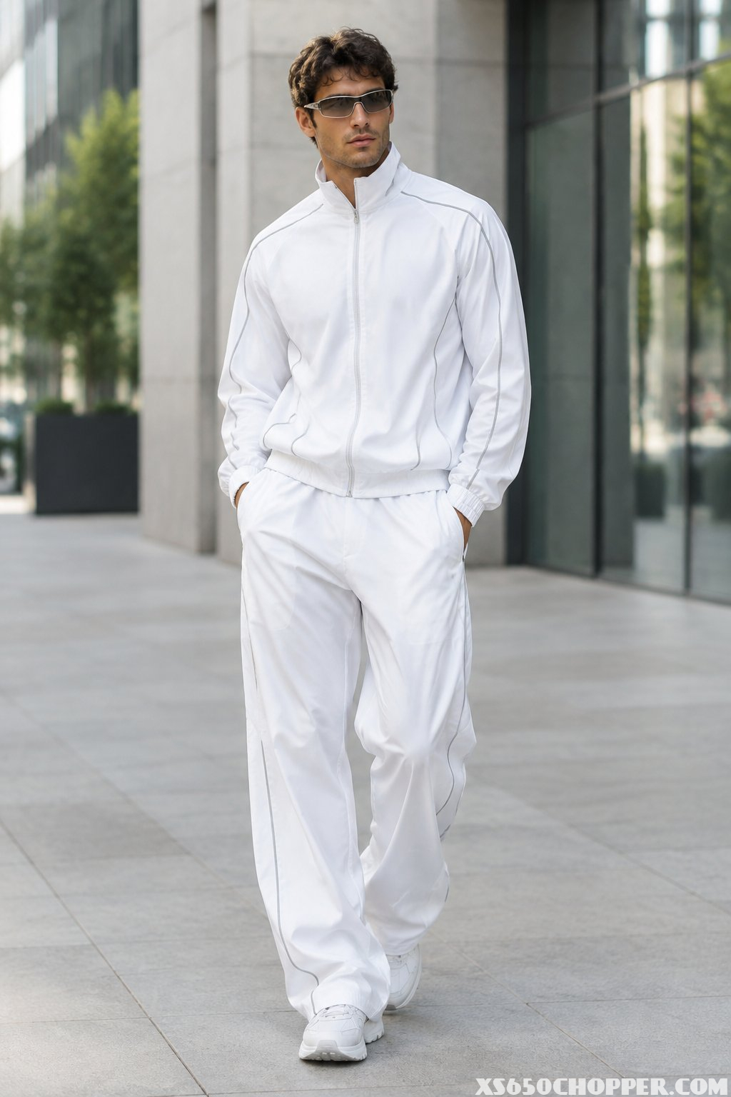 A man wearing a white tracksuit and tinted sunglasses stands on a city sidewalk.