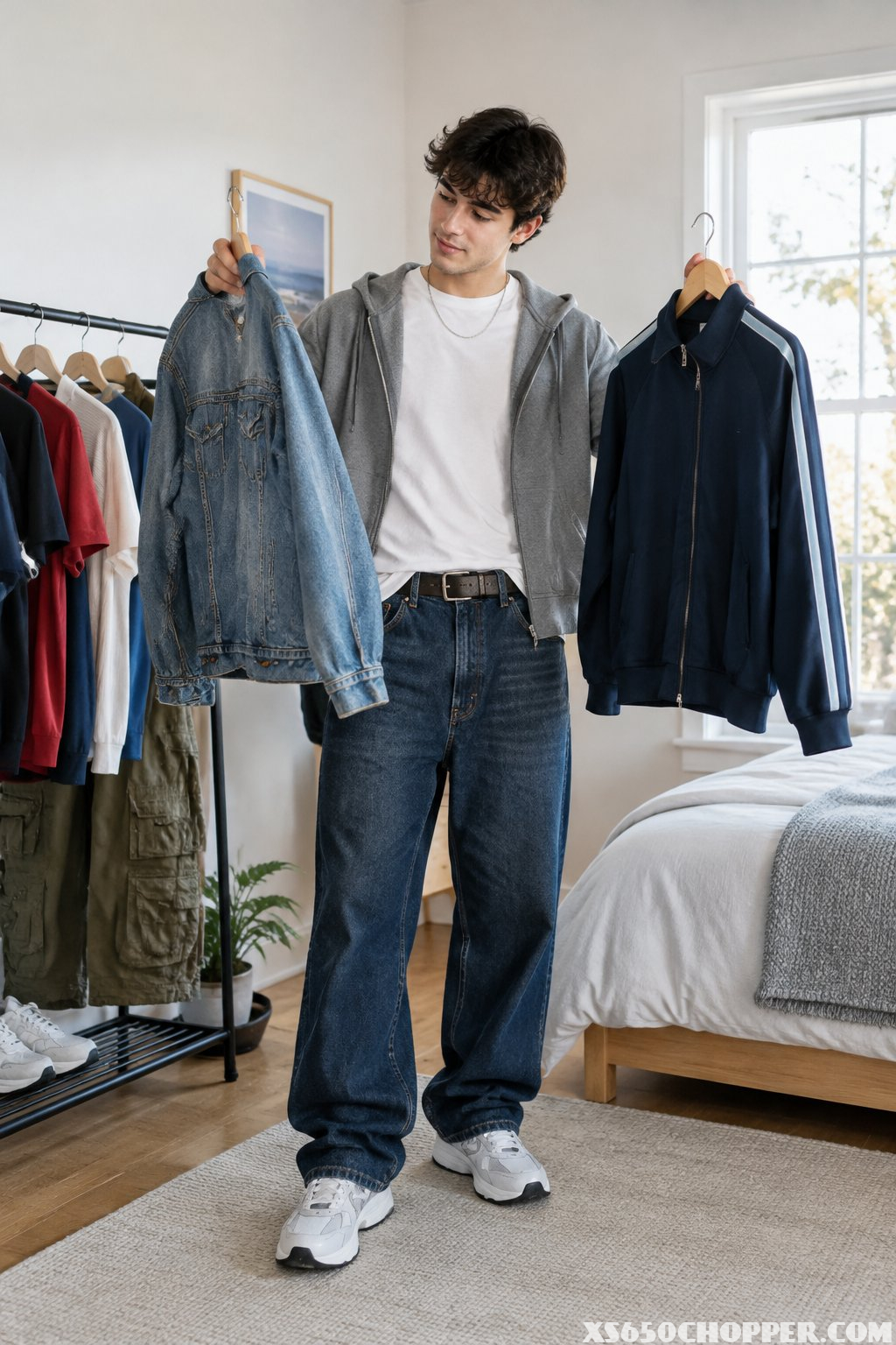 A young man compares clothing in front of a wardrobe rack.
