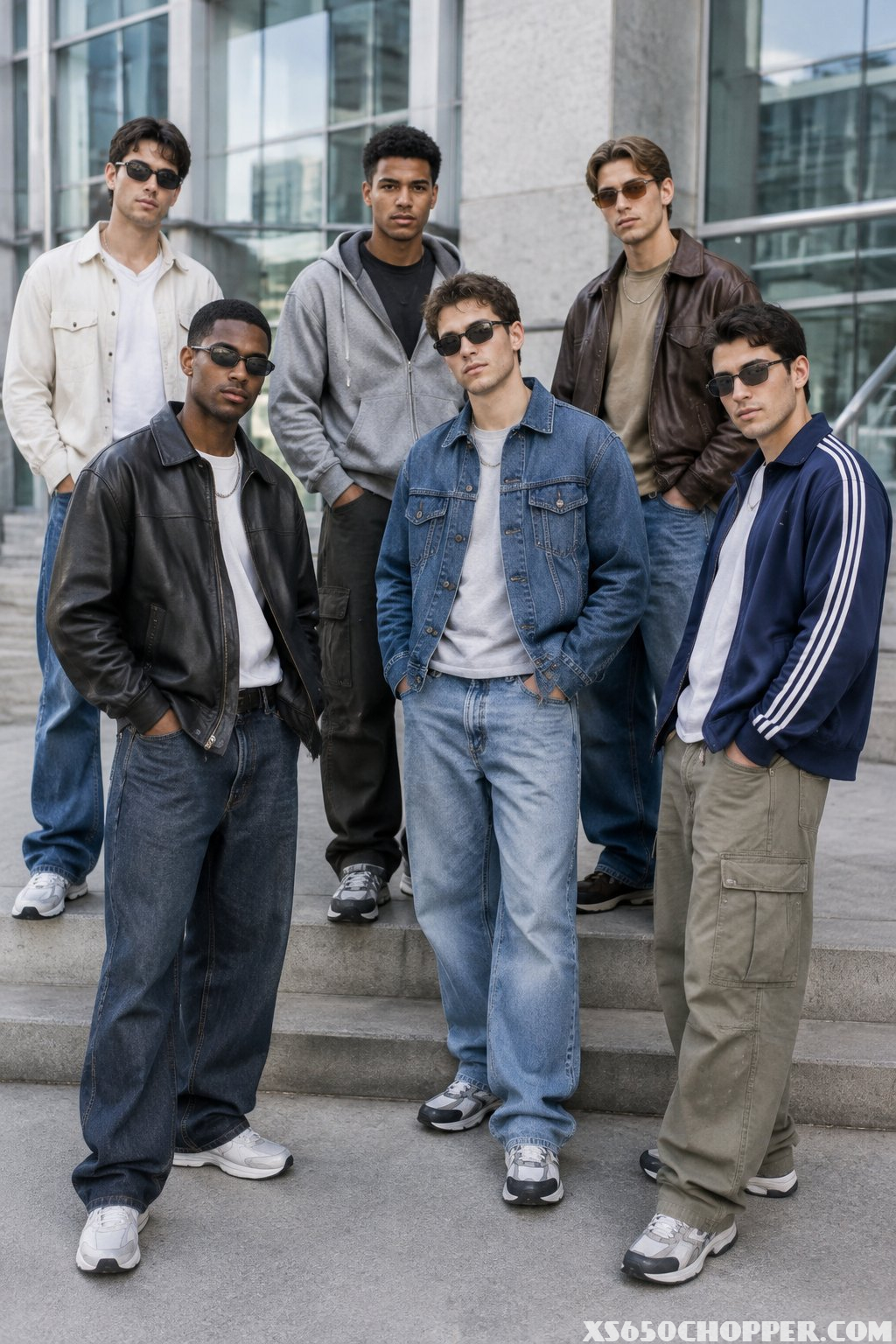 A group of men wearing varied casual outfits stands together on a city street.