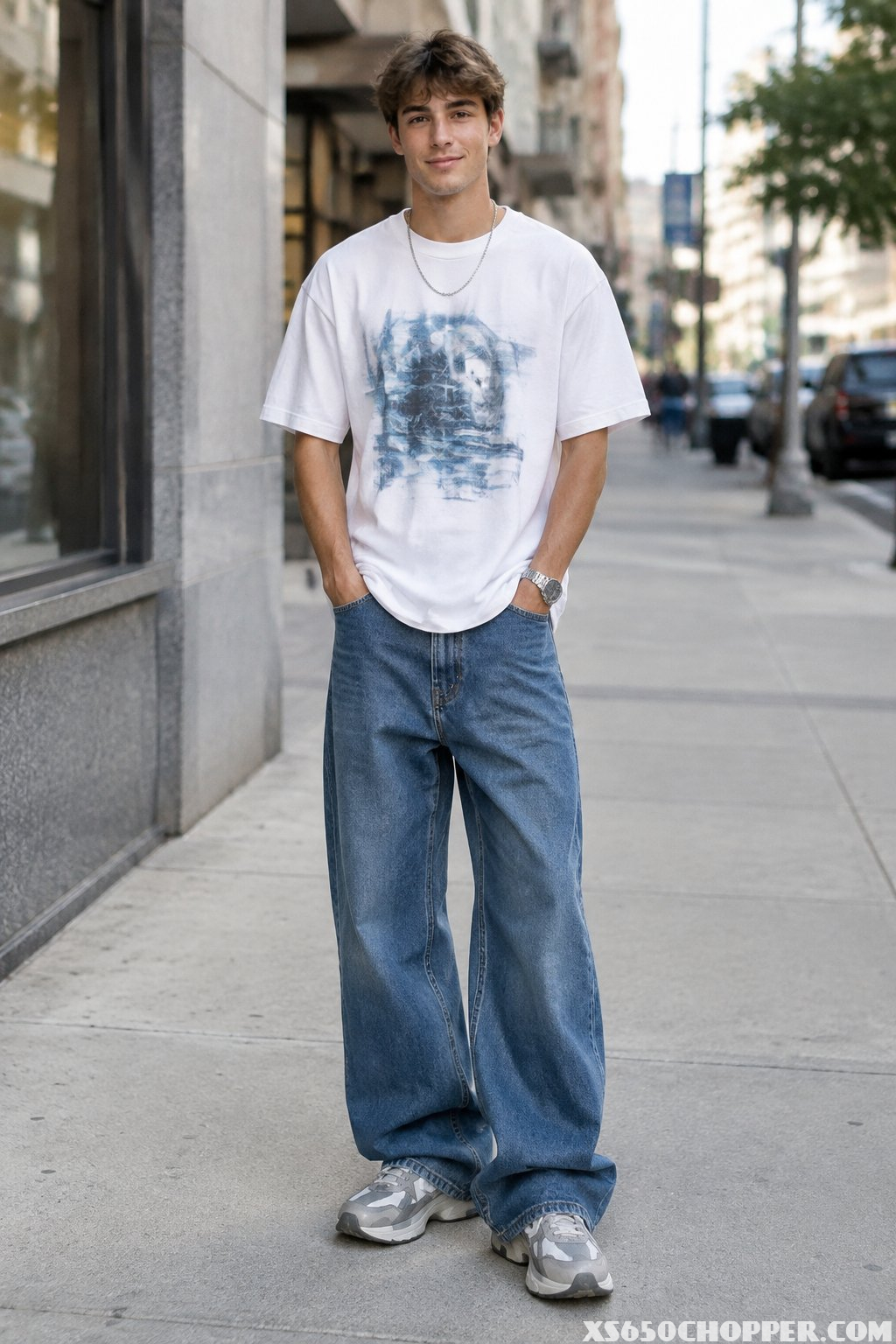 A young man stands on a city sidewalk wearing a graphic T-shirt, baggy jeans, and chunky sneakers.