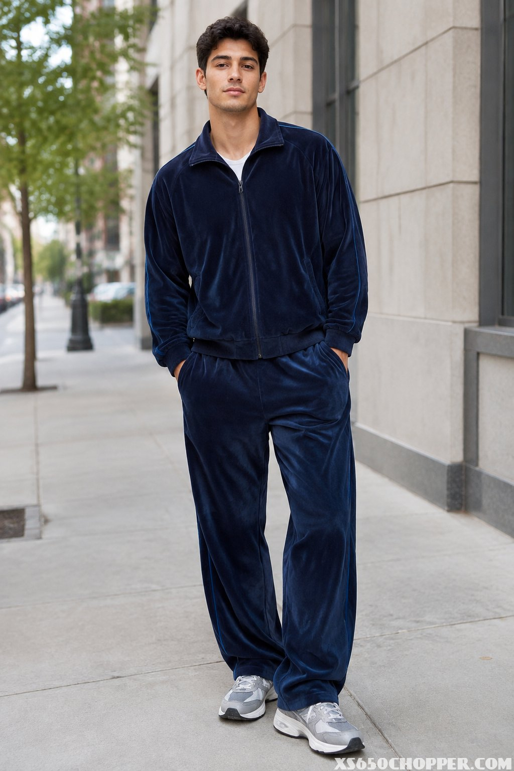 A man in a matching velour tracksuit and retro running shoes stands on a sidewalk.