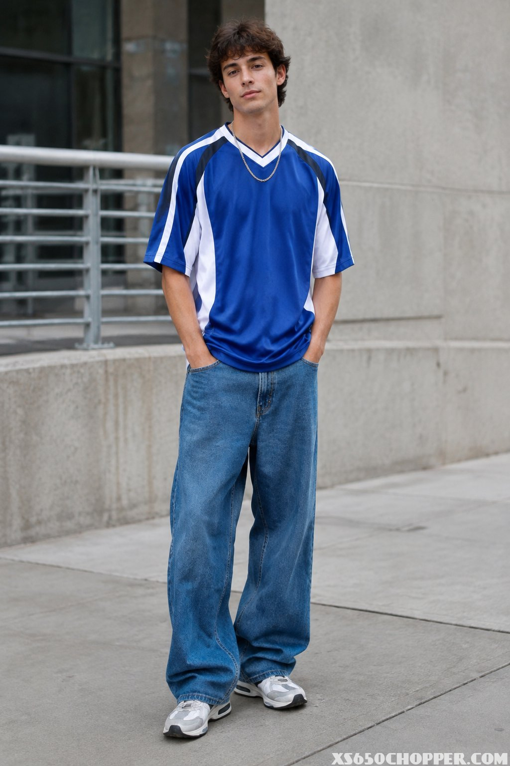 A young man wearing a soccer jersey, loose jeans, and a silver chain.
