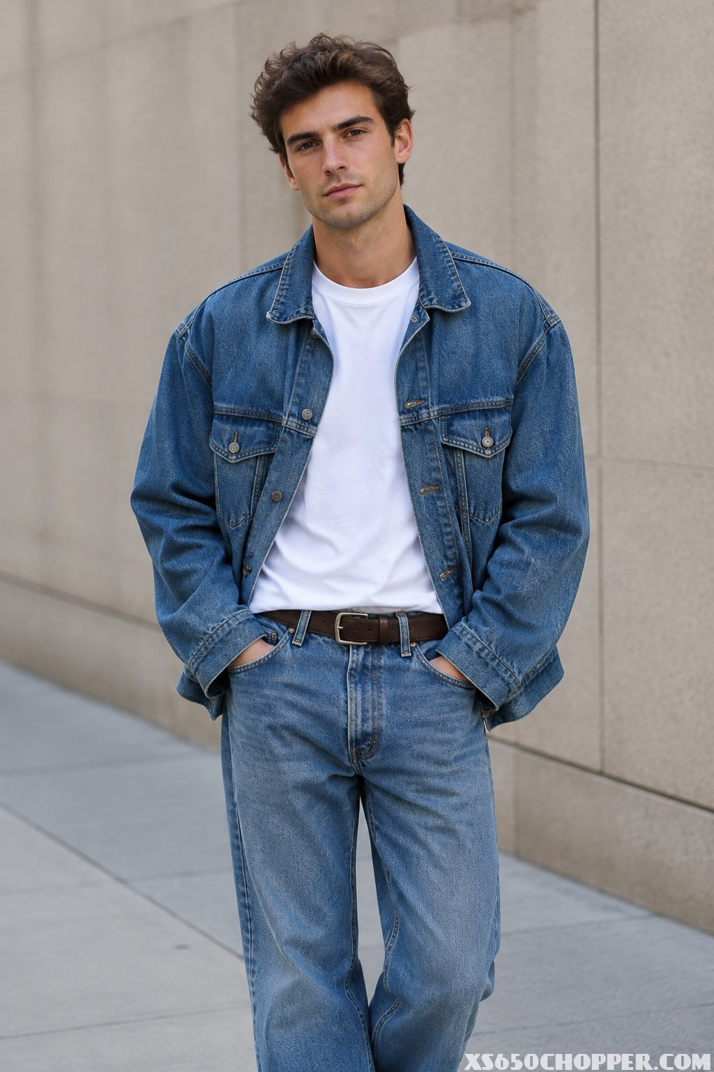 A man wearing a denim jacket and jeans stands on a city sidewalk.