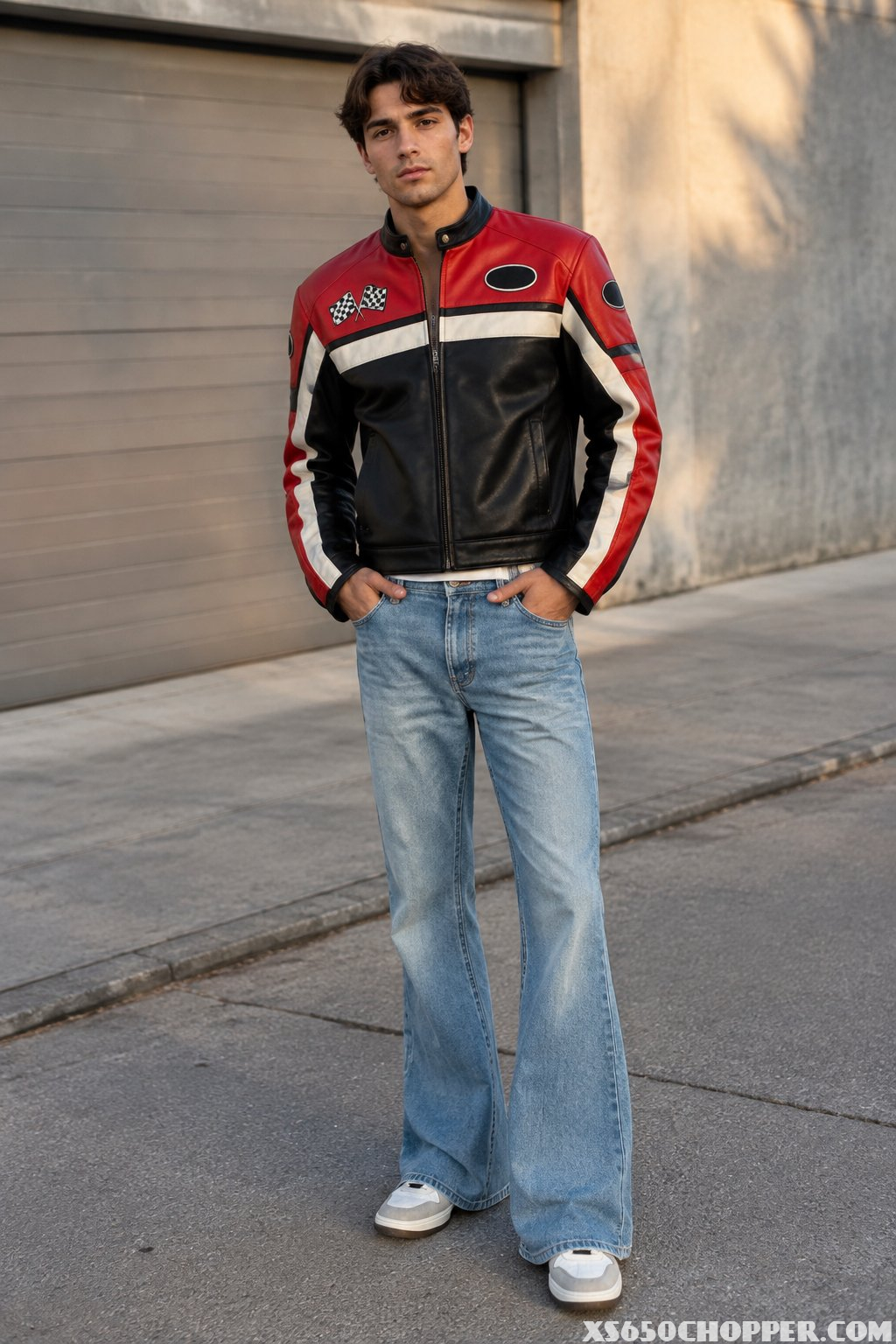 A man wearing a colorful racing jacket and flared jeans stands on a city street.