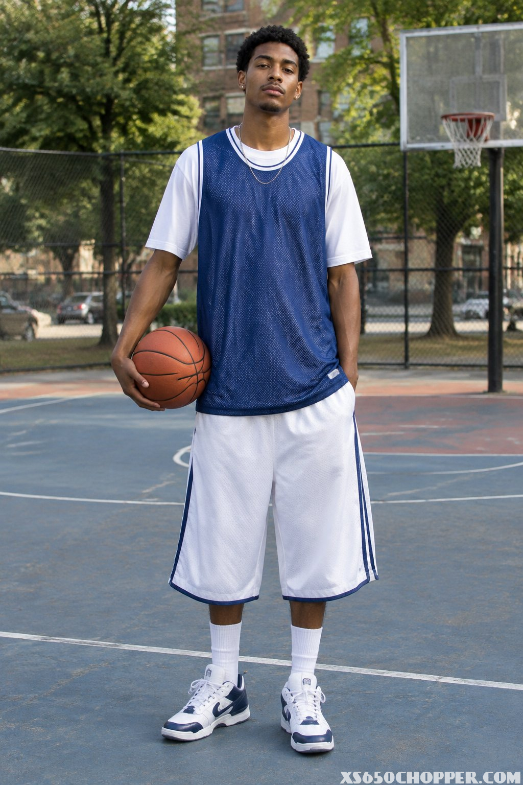 A young man in a mesh basketball jersey and baggy shorts stands on an outdoor basketball court holding a ball.