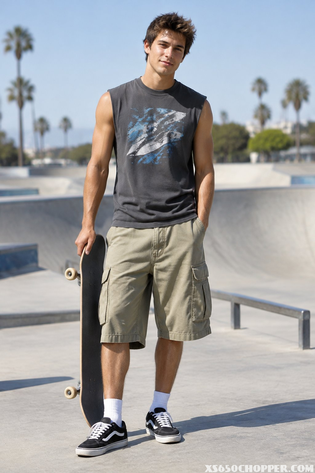 A young man in cargo shorts, a sleeveless shirt, and skate shoes stands at a skatepark holding a skateboard.