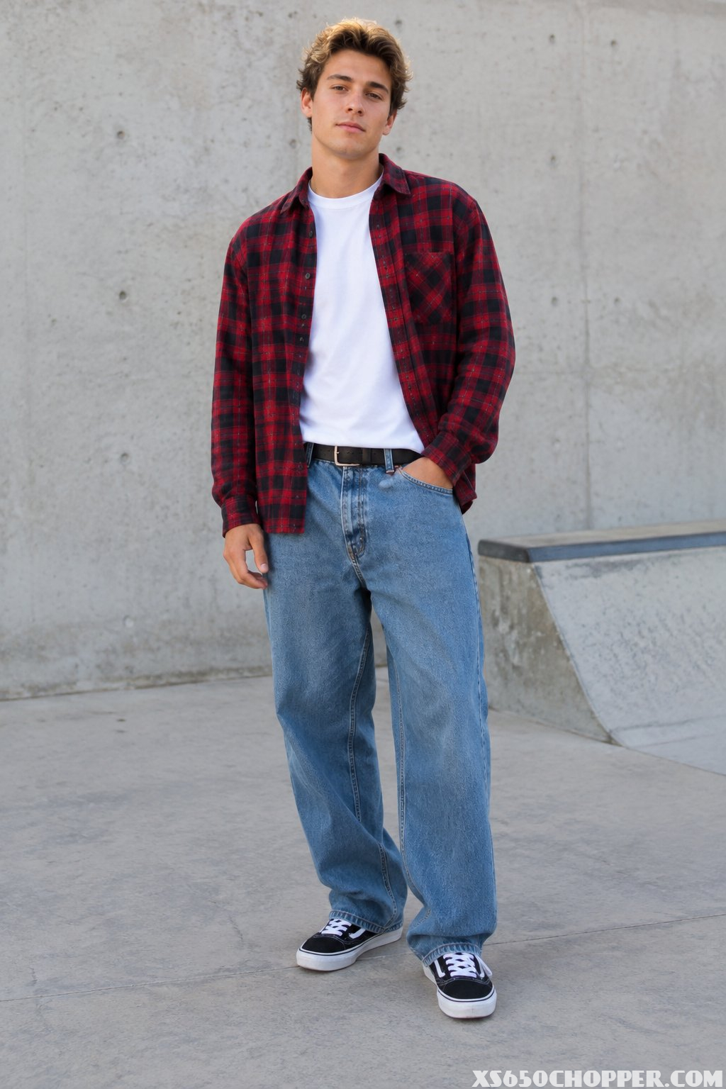 A young man stands in a plaid shirt, white T-shirt, loose jeans, and skate shoes.