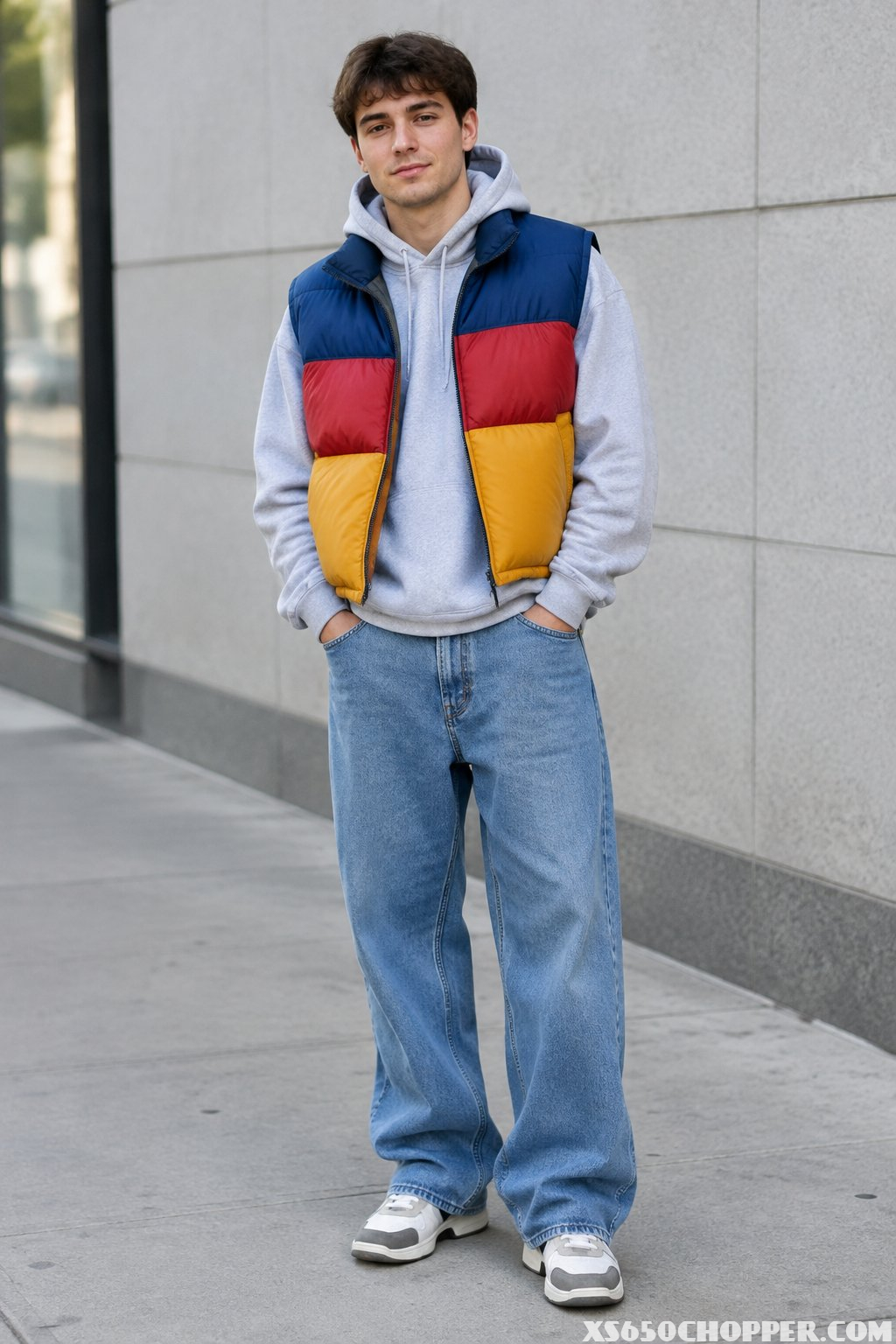 A man wearing a puffer vest over a hoodie with relaxed-fit jeans.