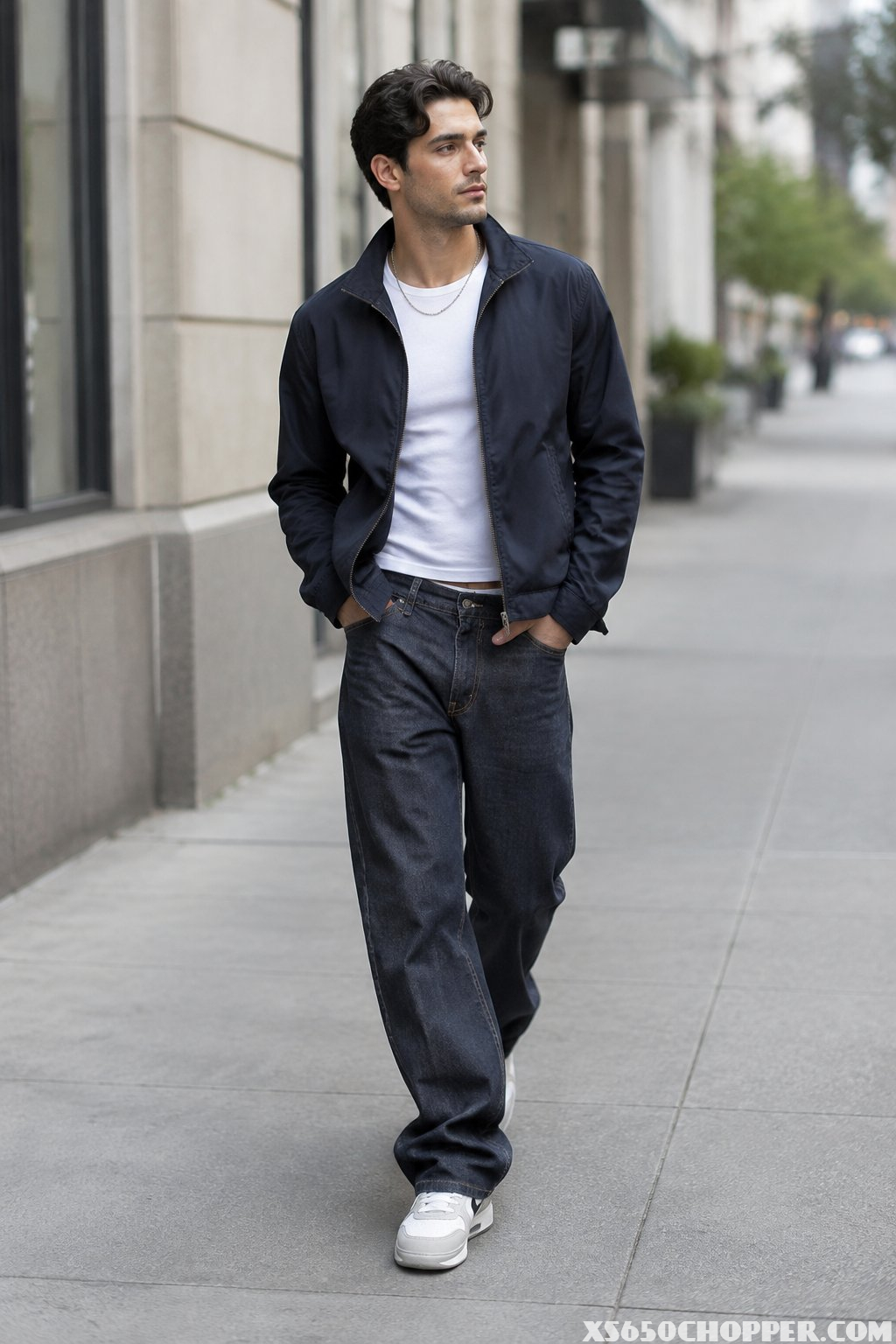 A man walks along a city street wearing casual clothes.