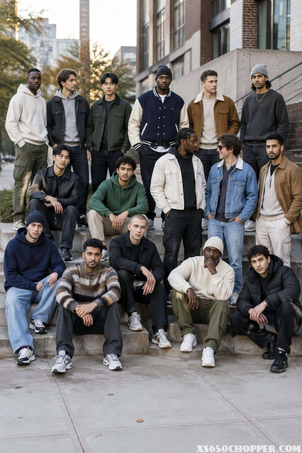 A group of men in varied outfits stands together on a city sidewalk.