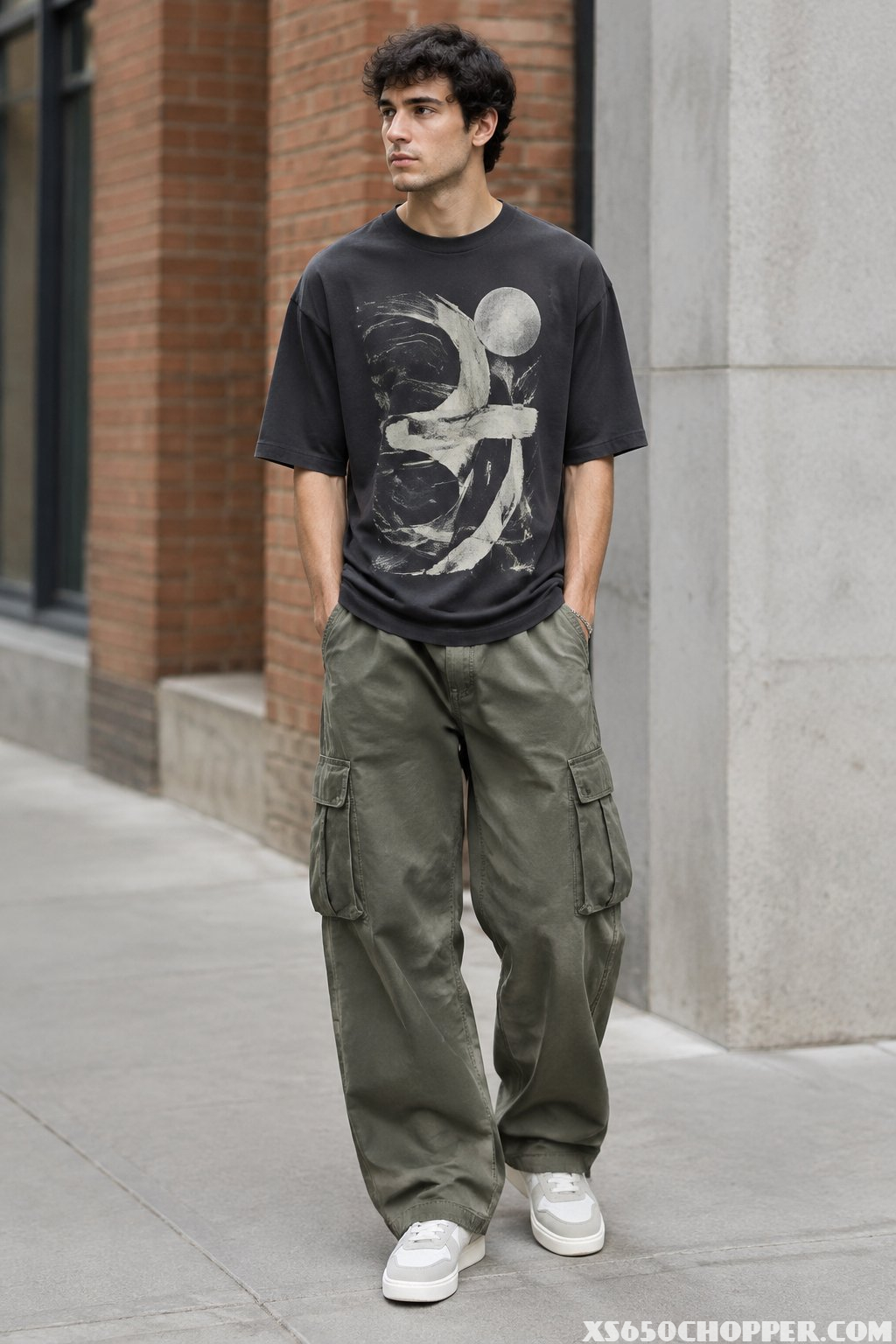 A man stands on a city sidewalk wearing a loose T-shirt and wide-leg cargo pants.