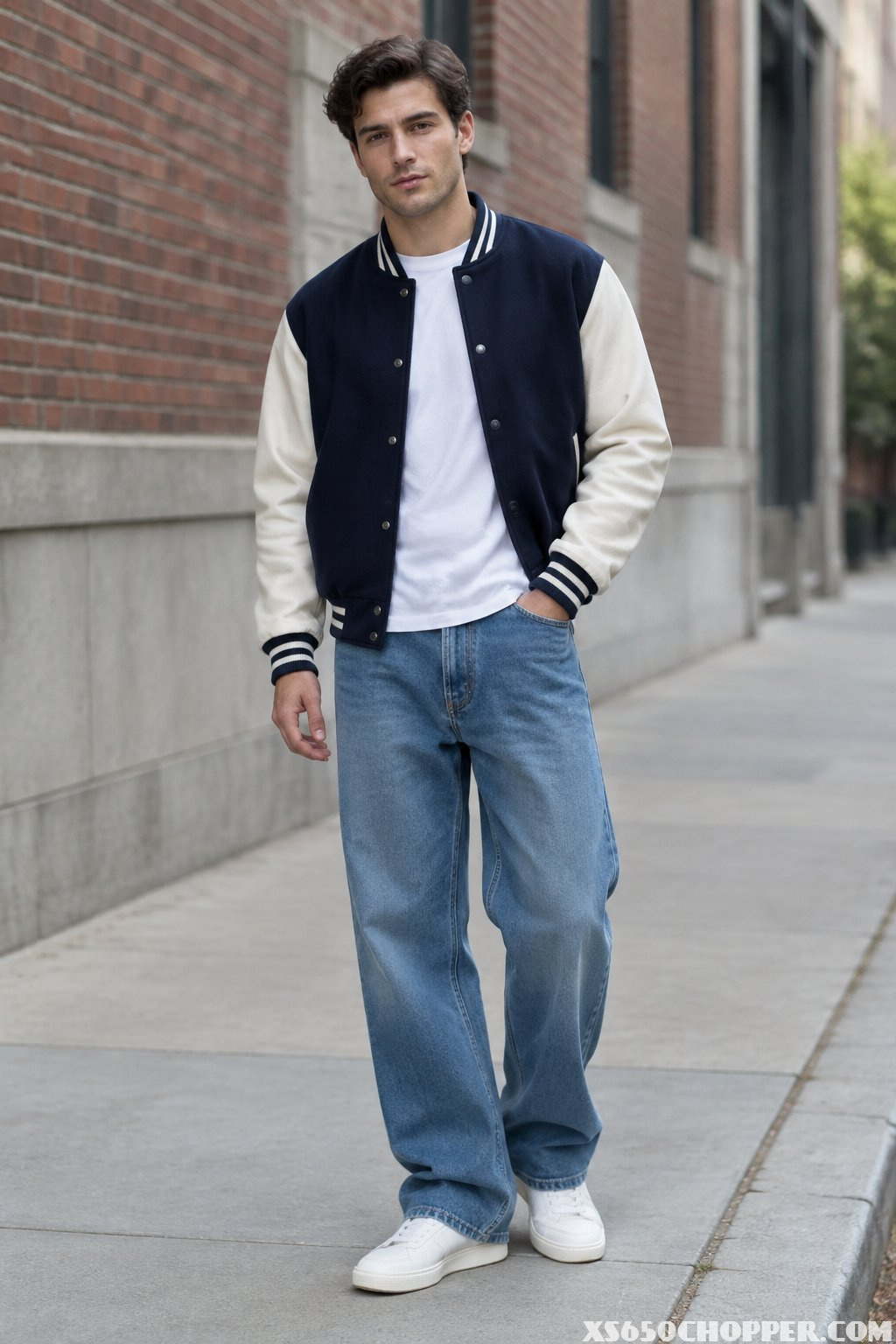 A man stands on a city sidewalk wearing a jacket, white T-shirt, and loose jeans.