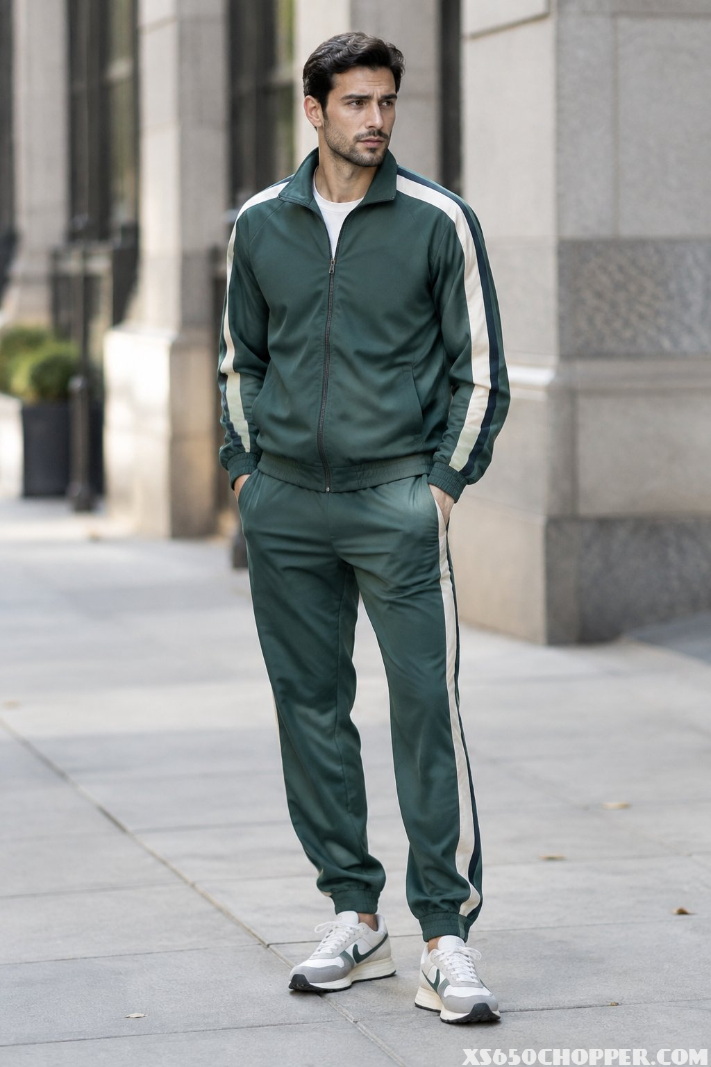 A man stands on a city sidewalk wearing a track jacket, track pants, and running shoes.