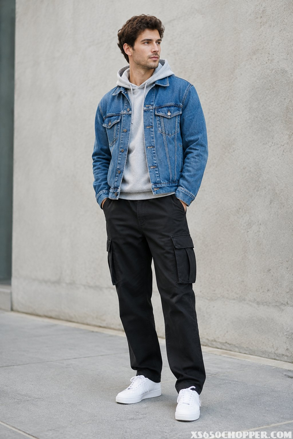 A man wearing a denim jacket over a hoodie and black cargo pants stands on a city sidewalk.