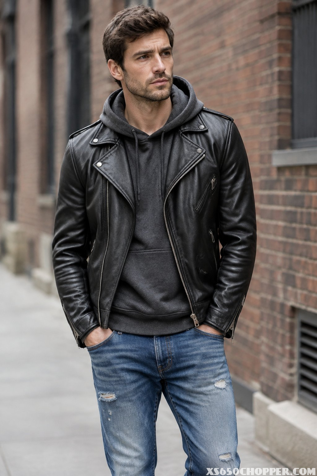 A man wearing a black jacket, gray hoodie, and blue jeans stands on a city sidewalk.