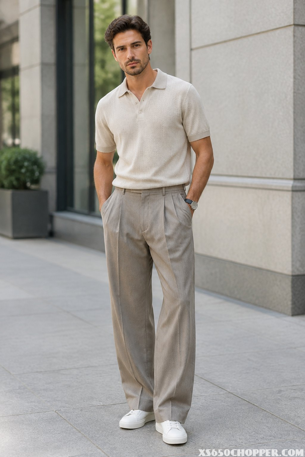 A man stands on a city sidewalk wearing a polo shirt, wide-leg trousers, and sneakers.